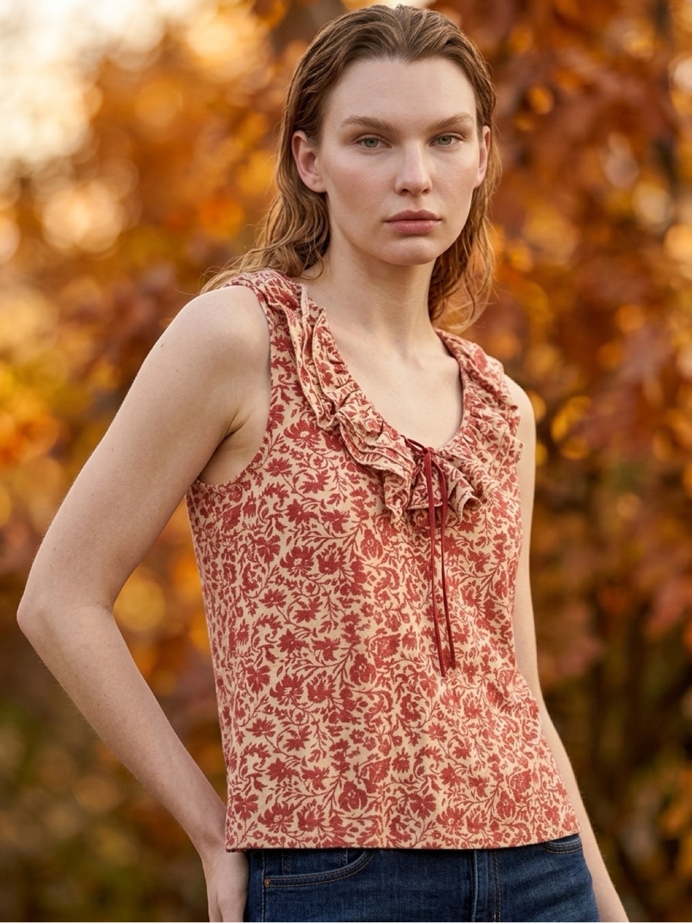 Ralph Lauren Red Floral Ruffle-Neck Sleeveless Camisole